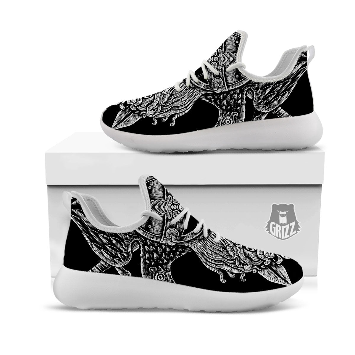 Odin With Crows White And Black Print White Athletic Shoes-grizzshop