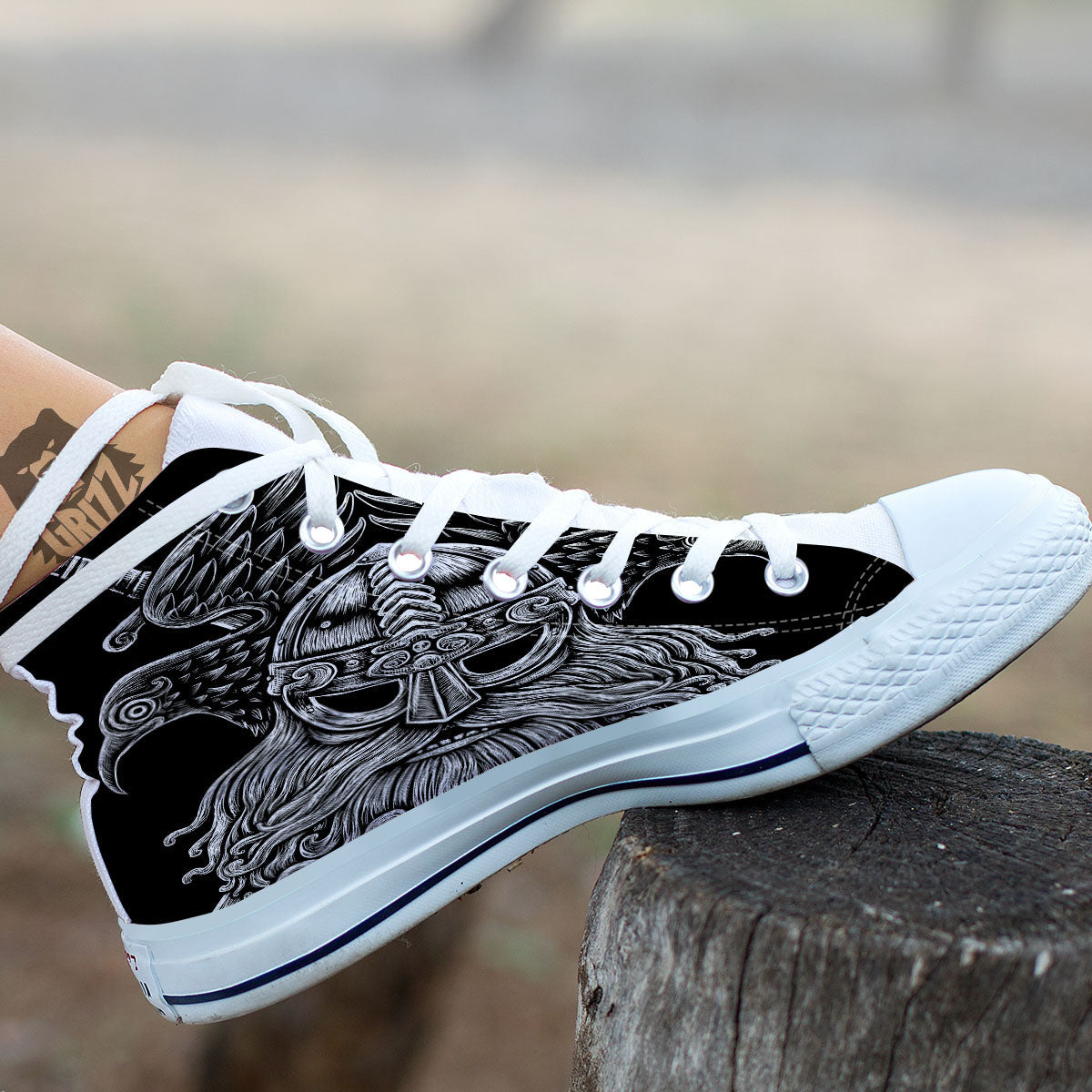 Odin With Crows White And Black Print White High Top Shoes-grizzshop