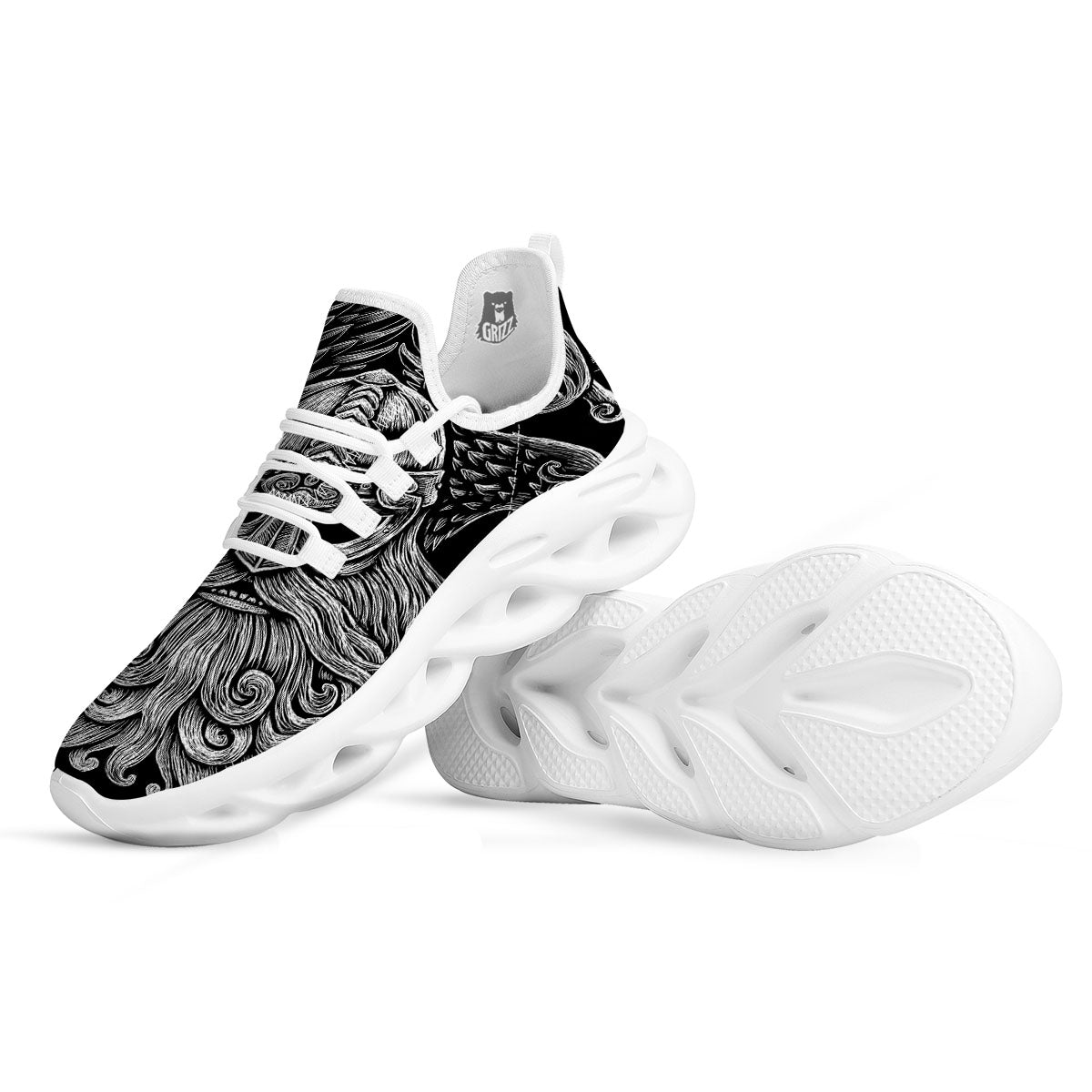 Odin With Crows White And Black Print White Running Shoes-grizzshop
