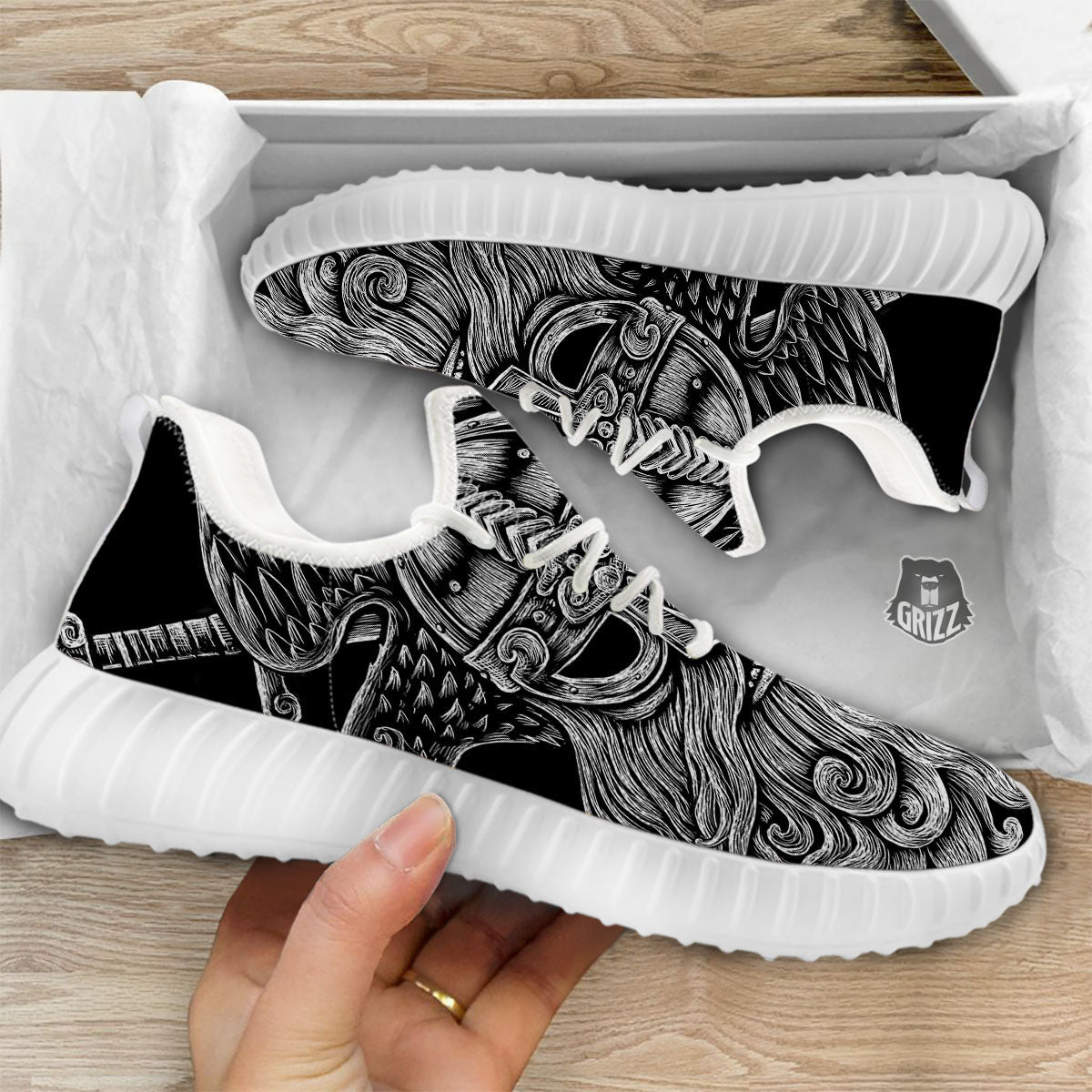 Odin With Crows White And Black Print White Walking Shoes-grizzshop
