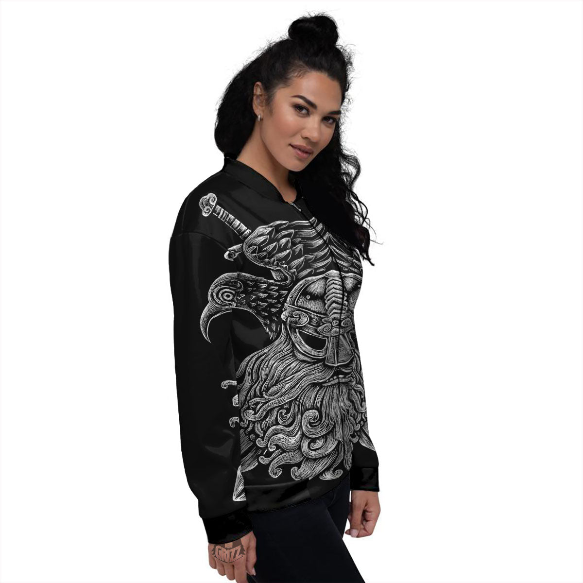 Odin With Crows White And Black Print Women's Bomber Jacket-grizzshop