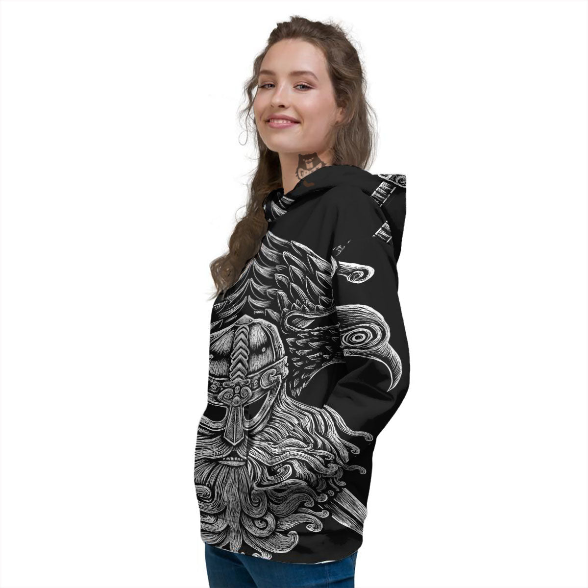 Odin With Crows White And Black Print Women's Hoodie-grizzshop