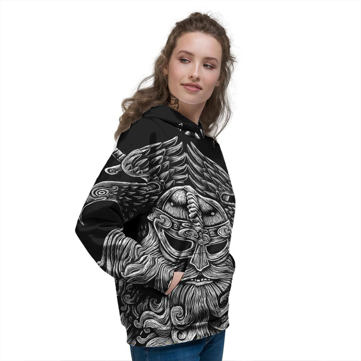 Odin With Crows White And Black Print Women's Hoodie-grizzshop