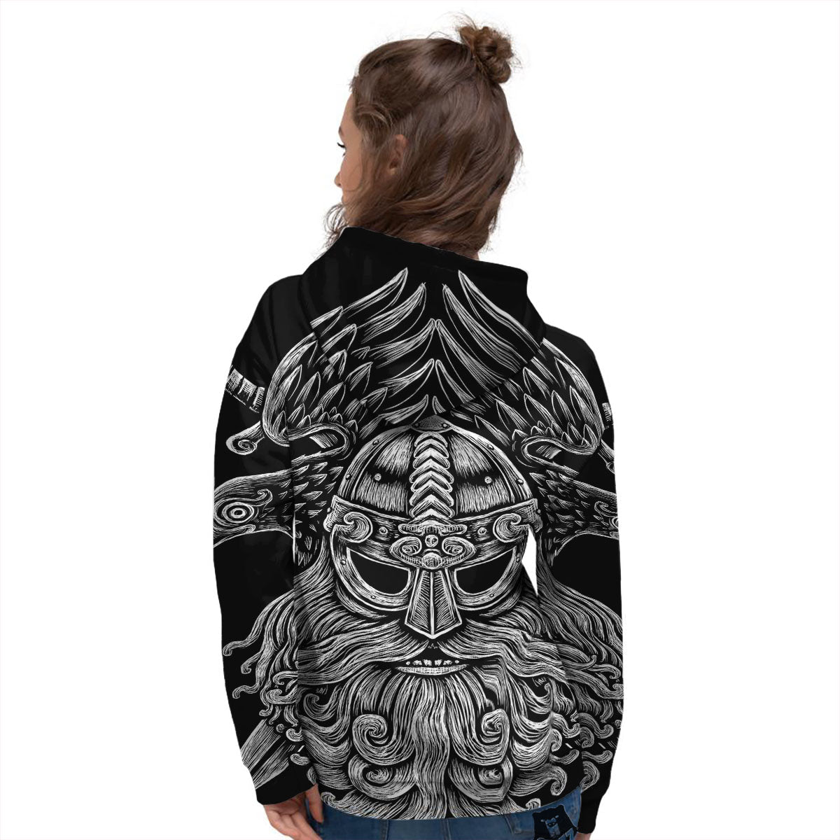 Odin With Crows White And Black Print Women's Hoodie-grizzshop