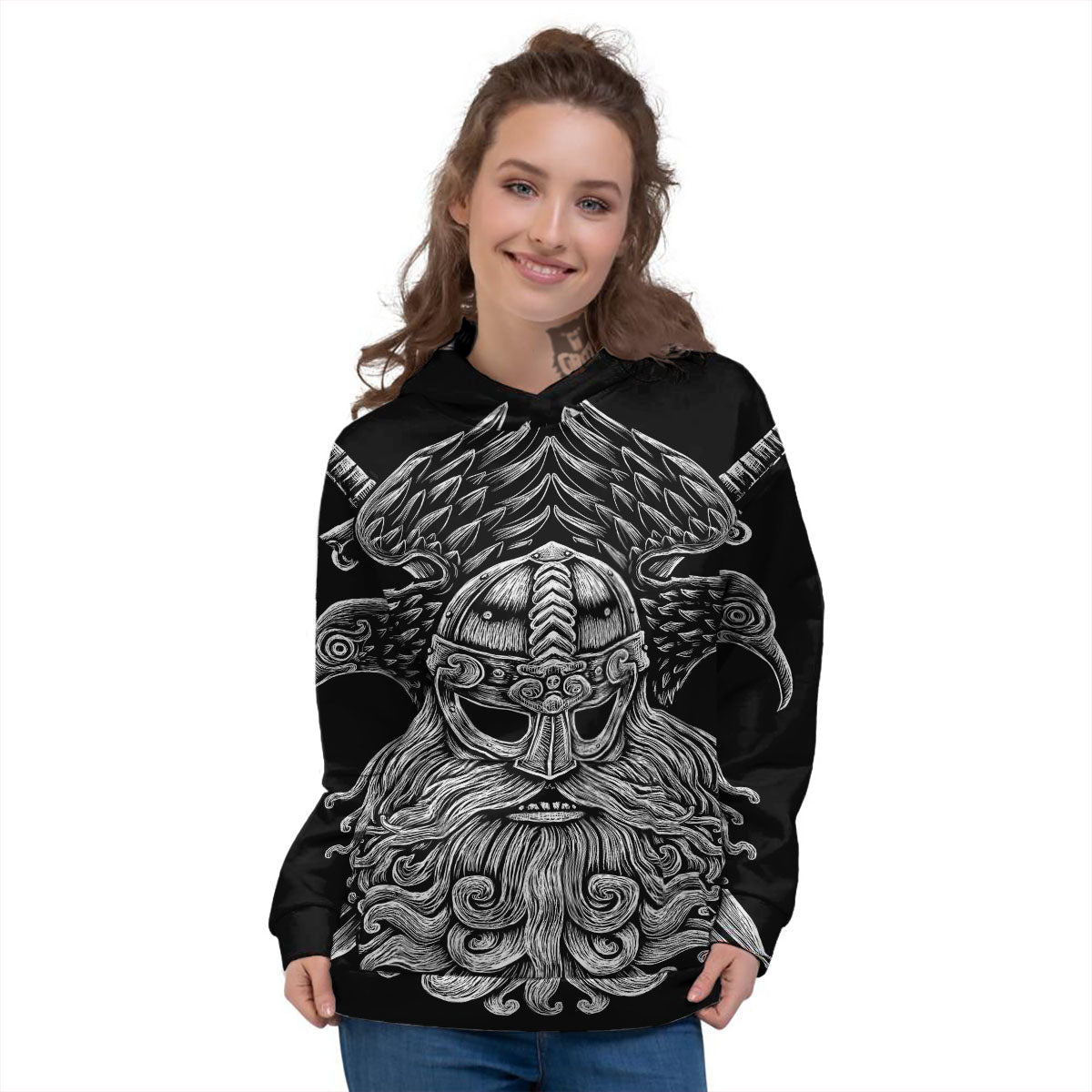 Odin With Crows White And Black Print Women's Hoodie-grizzshop