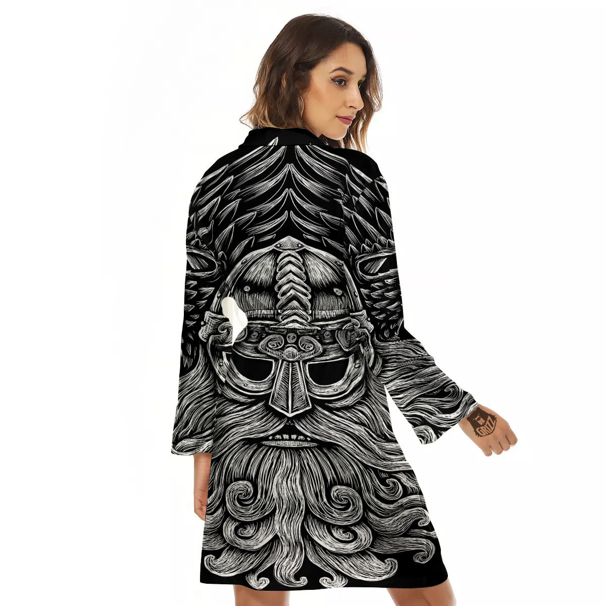 Odin With Crows White And Black Print Women's Robe-grizzshop
