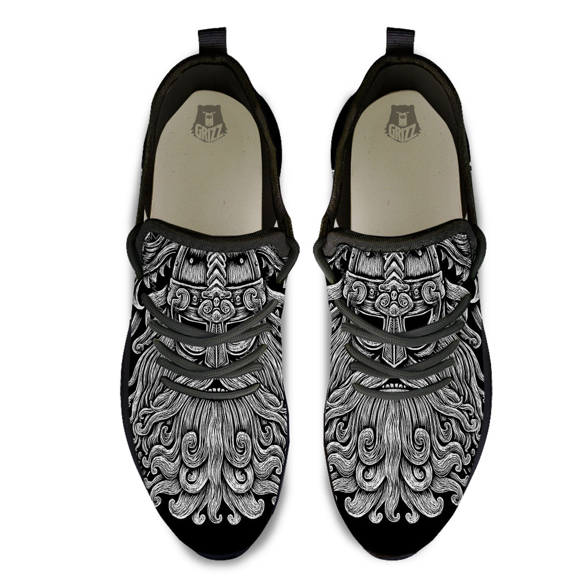 Odin With Wolfs White And Black Print Black Athletic Shoes-grizzshop
