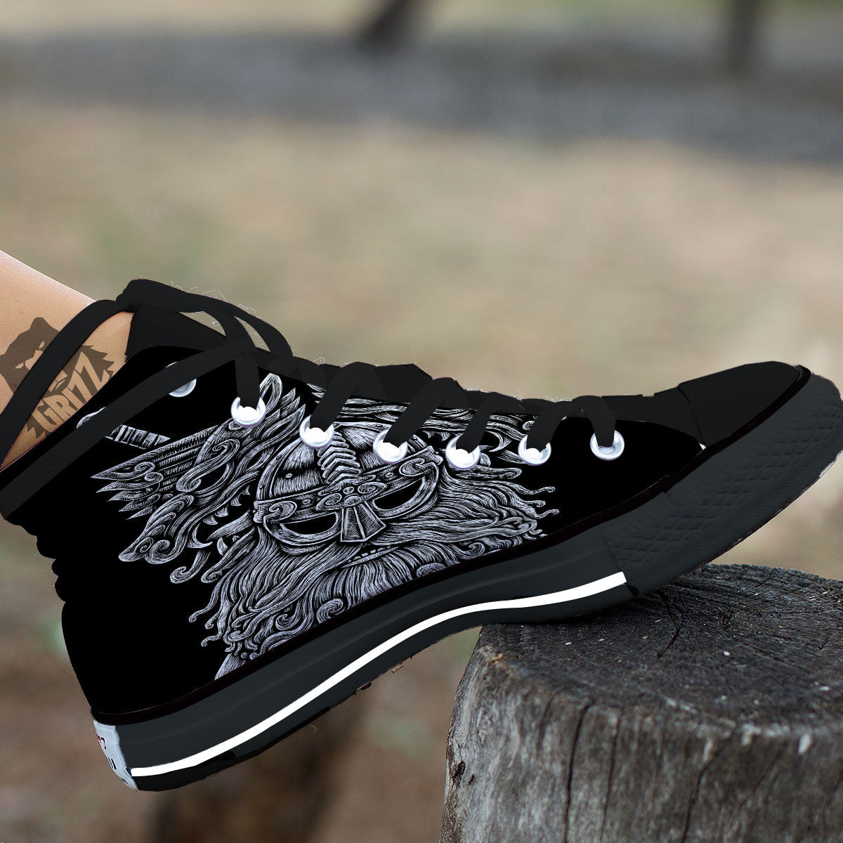 Odin With Wolfs White And Black Print Black High Top Shoes-grizzshop