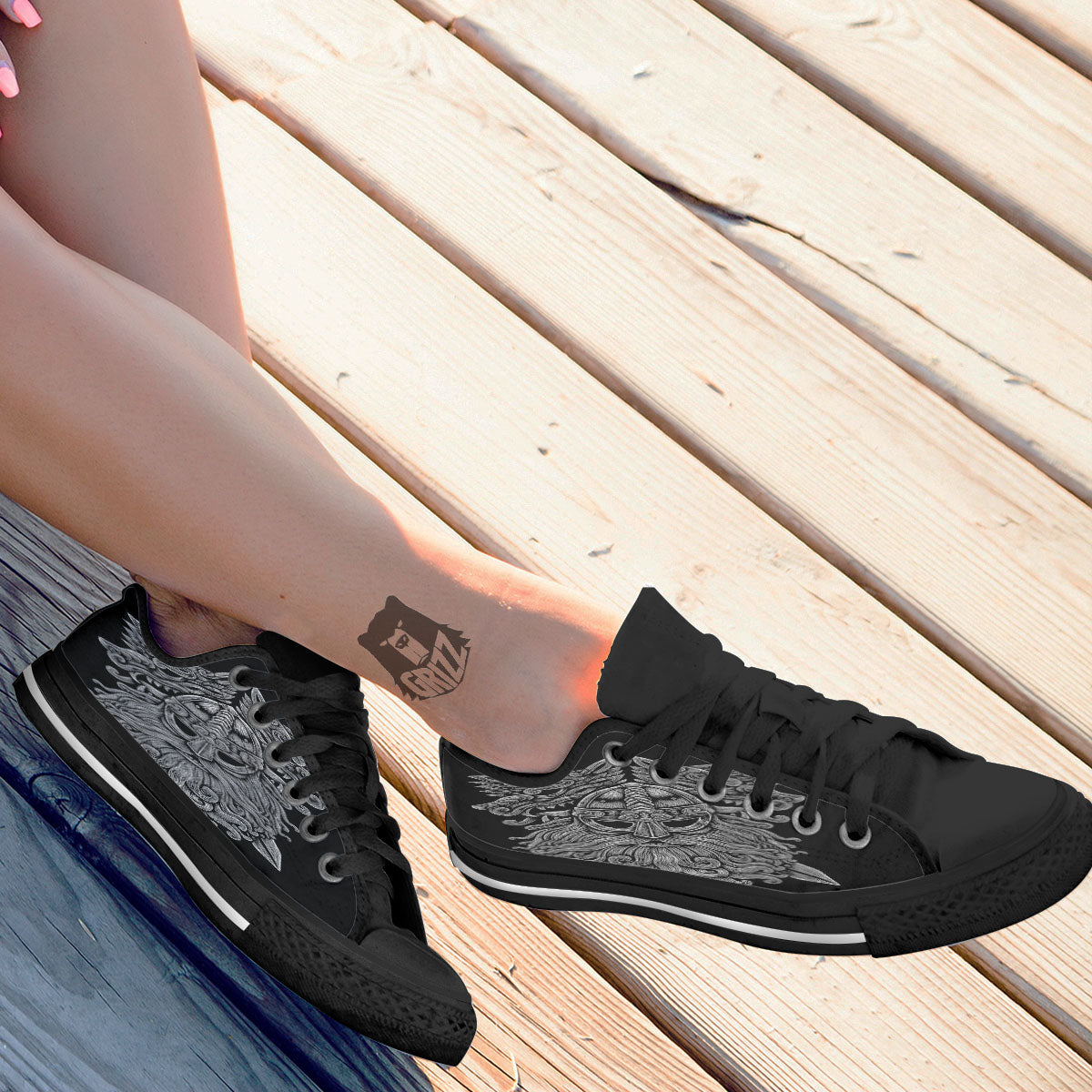 Odin With Wolfs White And Black Print Black Low Top Shoes-grizzshop