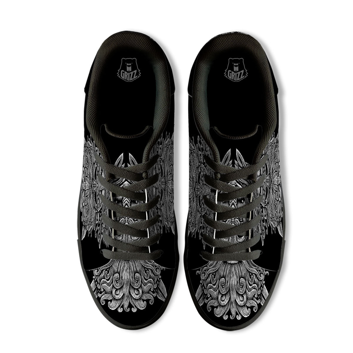 Odin With Wolfs White And Black Print Black Low Top Sneakers-grizzshop