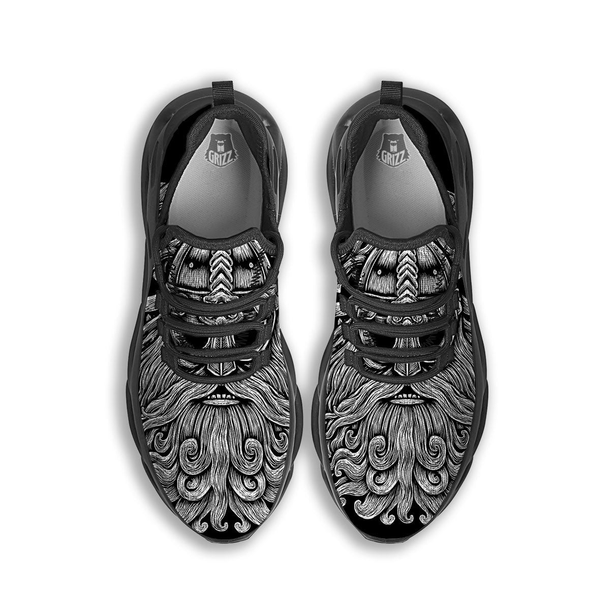 Odin With Wolfs White And Black Print Black Running Shoes-grizzshop