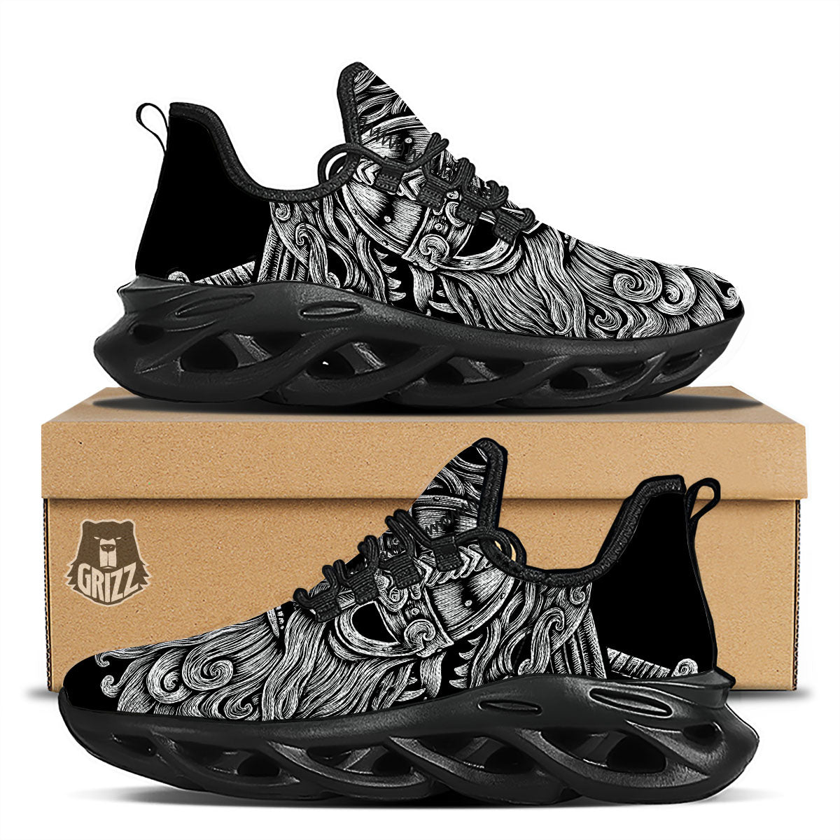 Odin With Wolfs White And Black Print Black Running Shoes-grizzshop