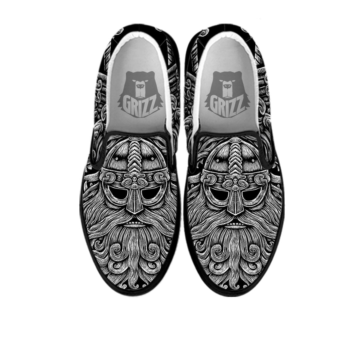 Odin With Wolfs White And Black Print Black Slip On Shoes-grizzshop