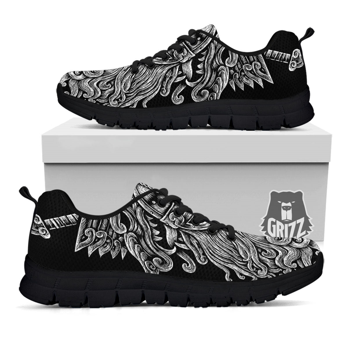 Odin With Wolfs White And Black Print Black Sneaker-grizzshop
