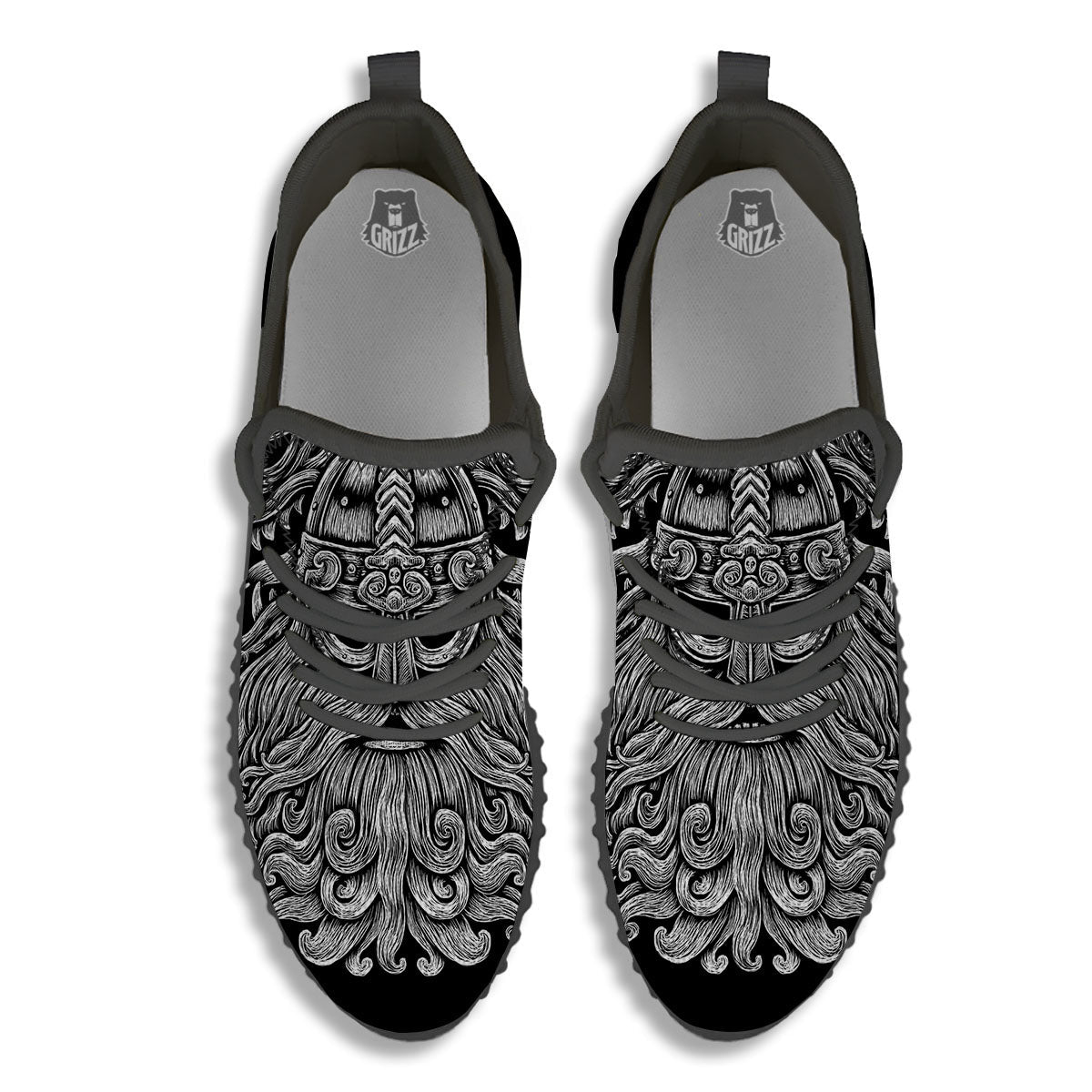 Odin With Wolfs White And Black Print Black Walking Shoes-grizzshop