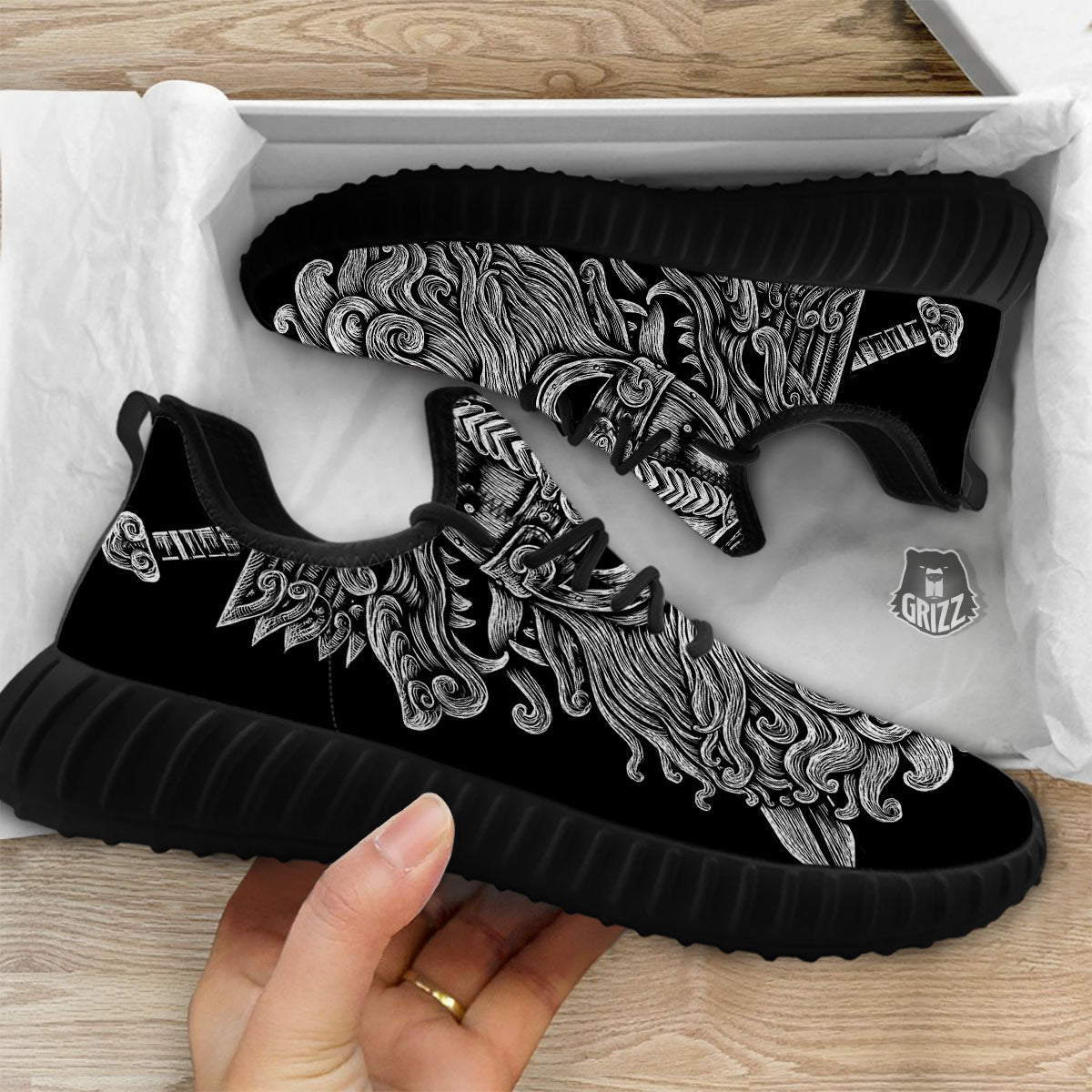 Odin With Wolfs White And Black Print Black Walking Shoes-grizzshop