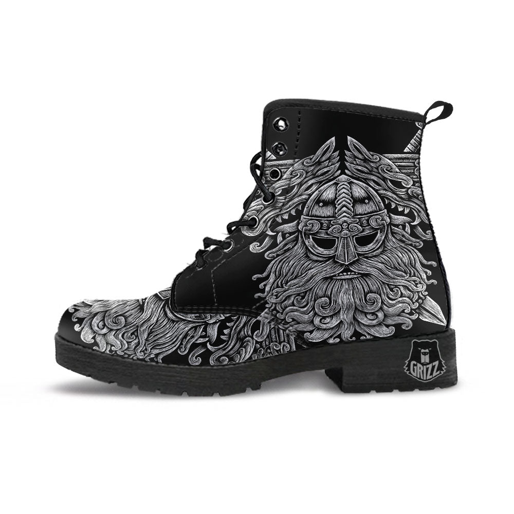 Odin With Wolfs White And Black Print Leather Boots-grizzshop