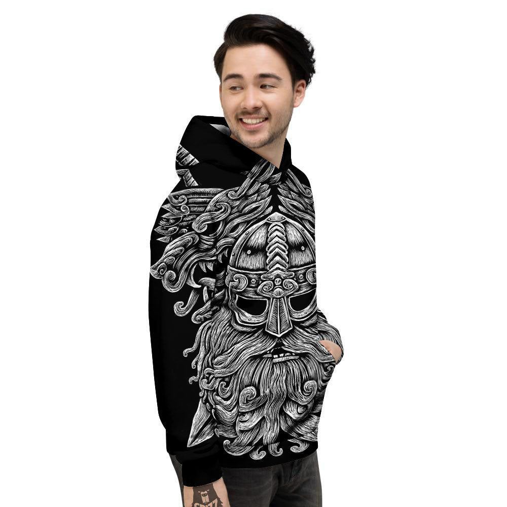 Odin With Wolfs White And Black Print Men's Hoodie-grizzshop