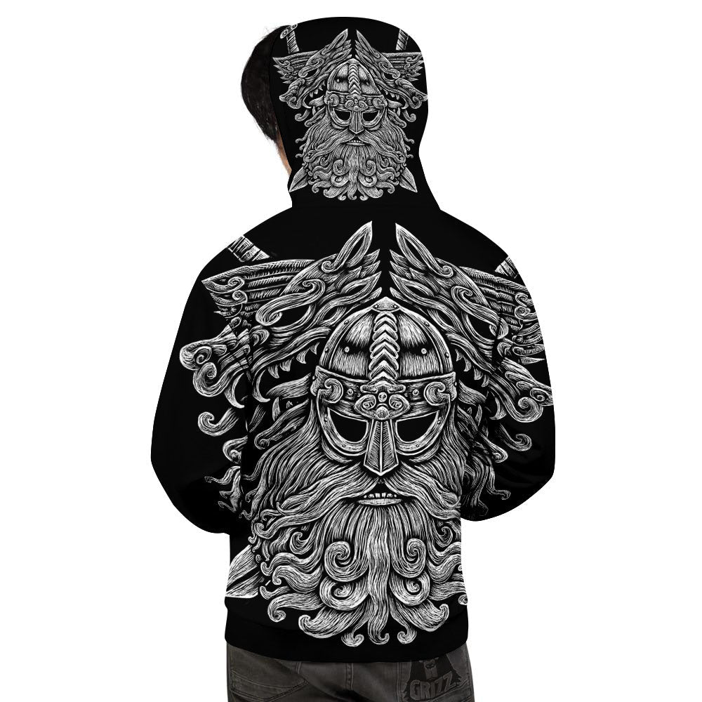 Odin With Wolfs White And Black Print Men's Hoodie-grizzshop