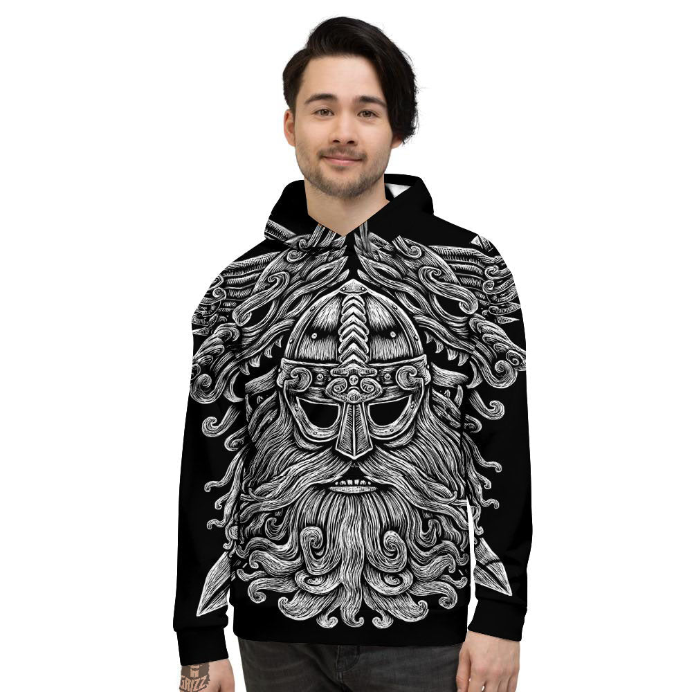 Odin With Wolfs White And Black Print Men's Hoodie-grizzshop