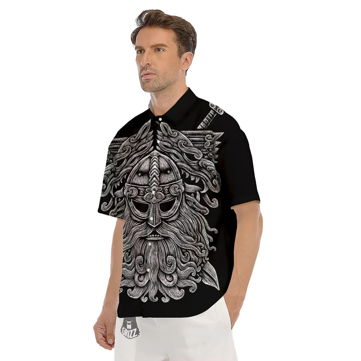 Odin With Wolfs White And Black Print Men's Short Sleeve Shirts-grizzshop