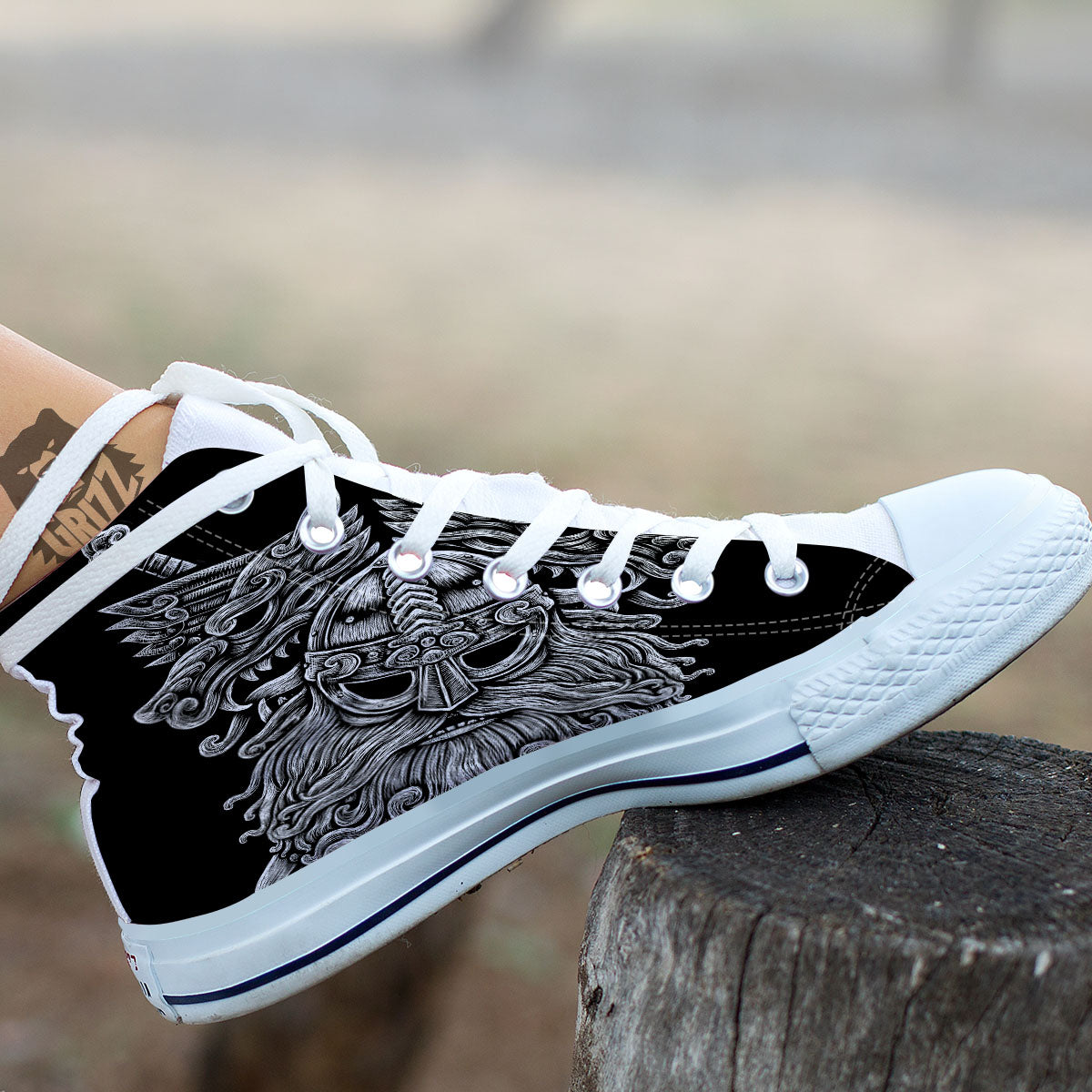 Odin With Wolfs White And Black Print White High Top Shoes-grizzshop