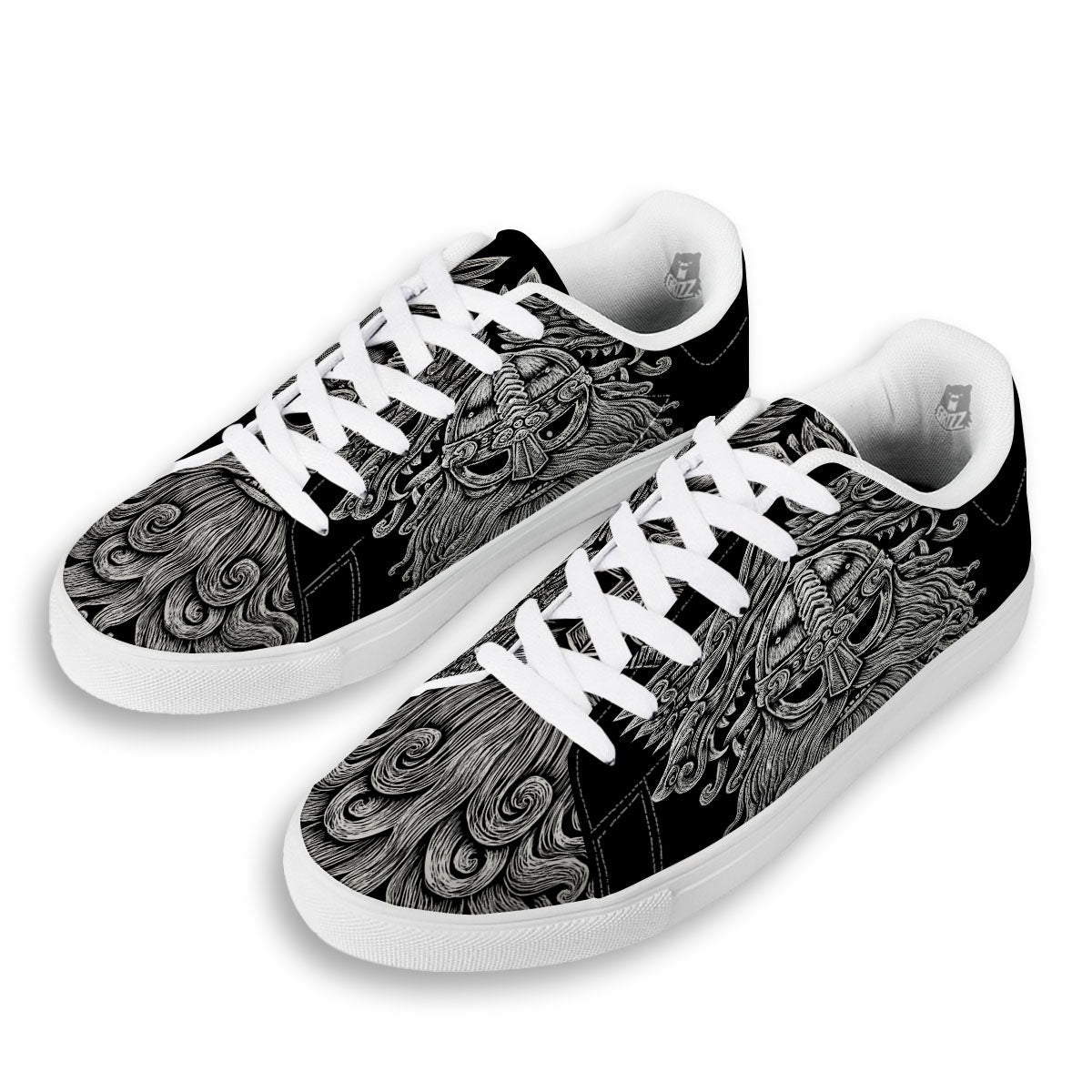 Odin With Wolfs White And Black Print White Low Top Sneakers-grizzshop