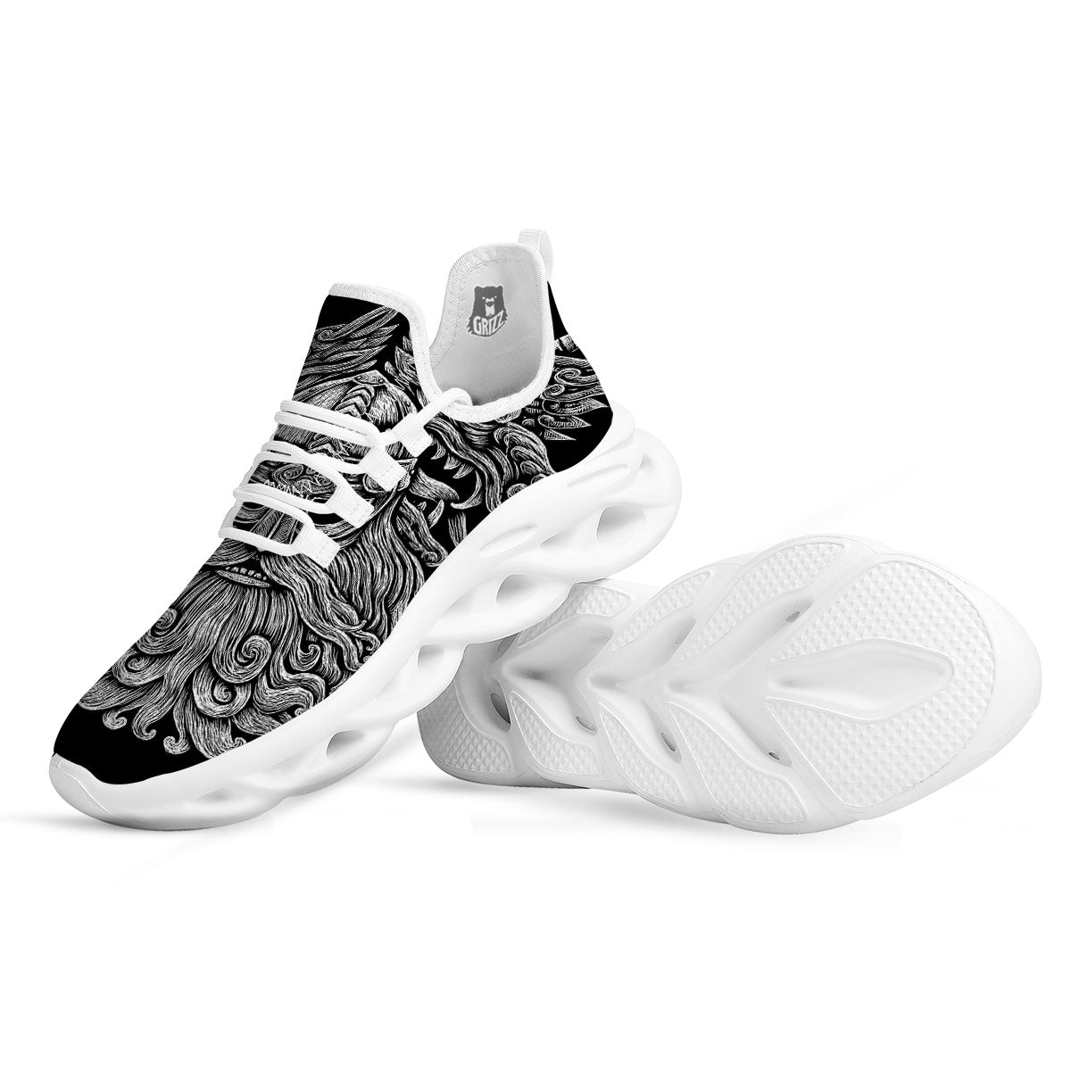 Odin With Wolfs White And Black Print White Running Shoes-grizzshop