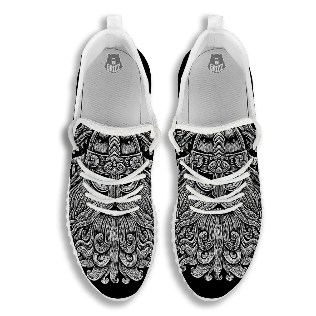Odin With Wolfs White And Black Print White Walking Shoes-grizzshop