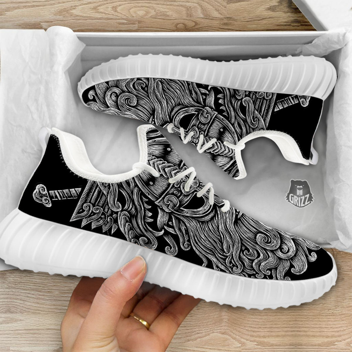 Odin With Wolfs White And Black Print White Walking Shoes-grizzshop
