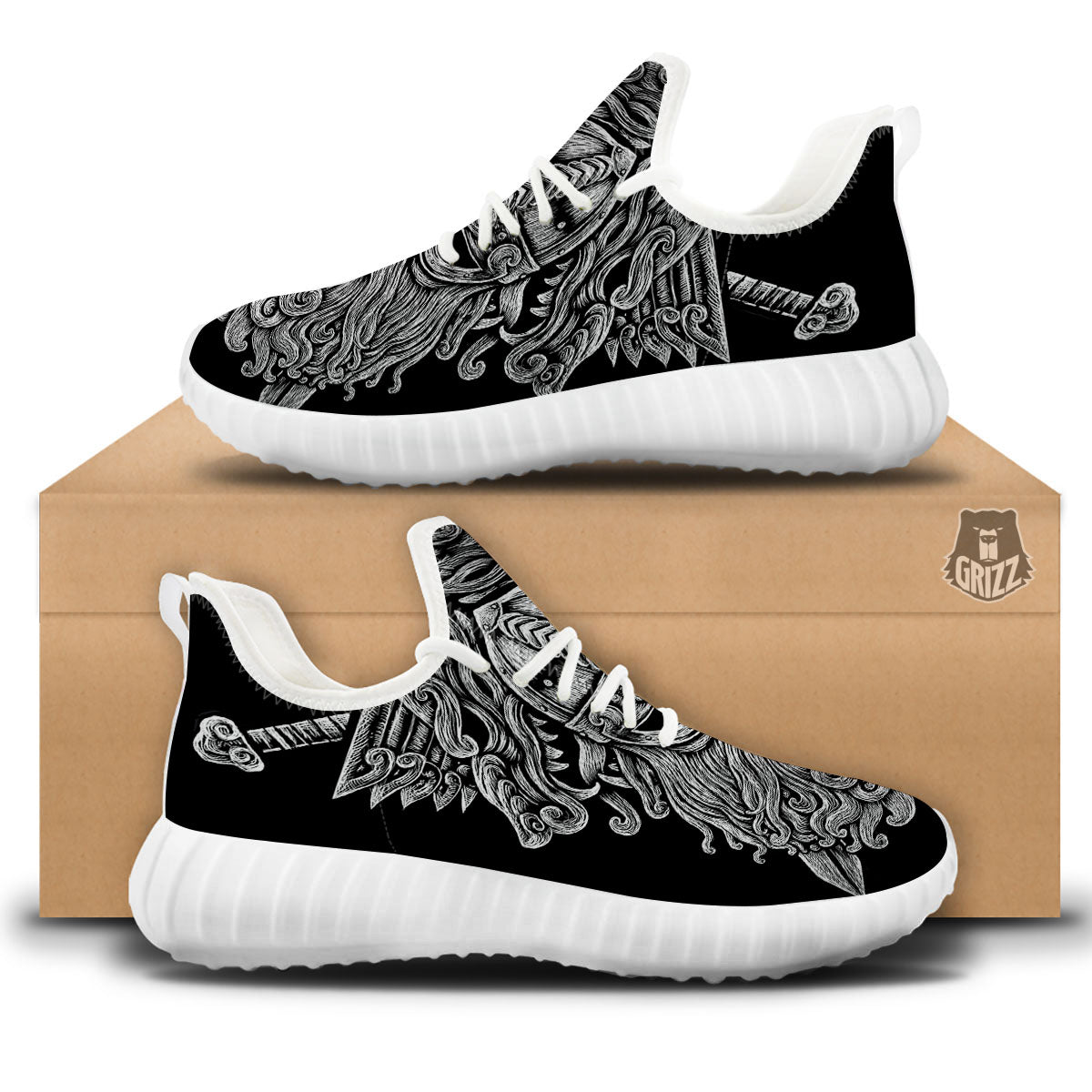 Odin With Wolfs White And Black Print White Walking Shoes-grizzshop