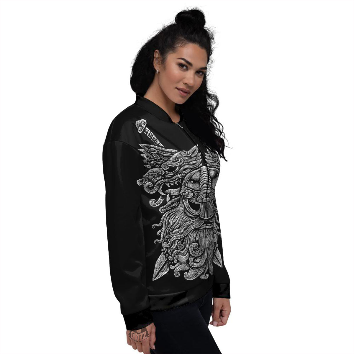 Odin With Wolfs White And Black Print Women's Bomber Jacket-grizzshop
