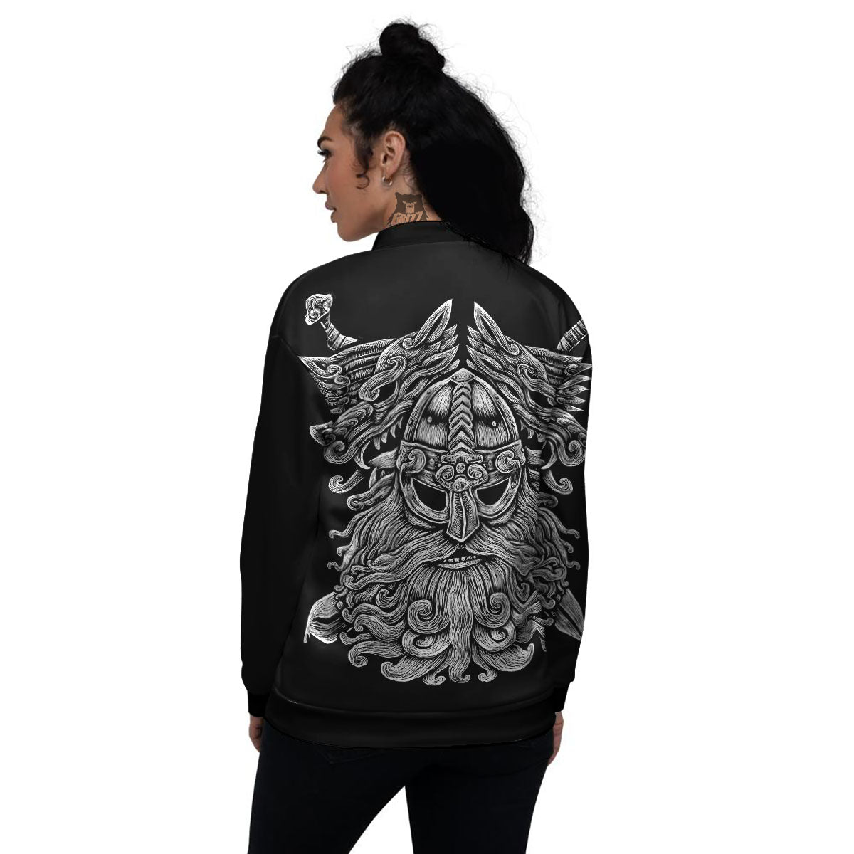 Odin With Wolfs White And Black Print Women's Bomber Jacket-grizzshop