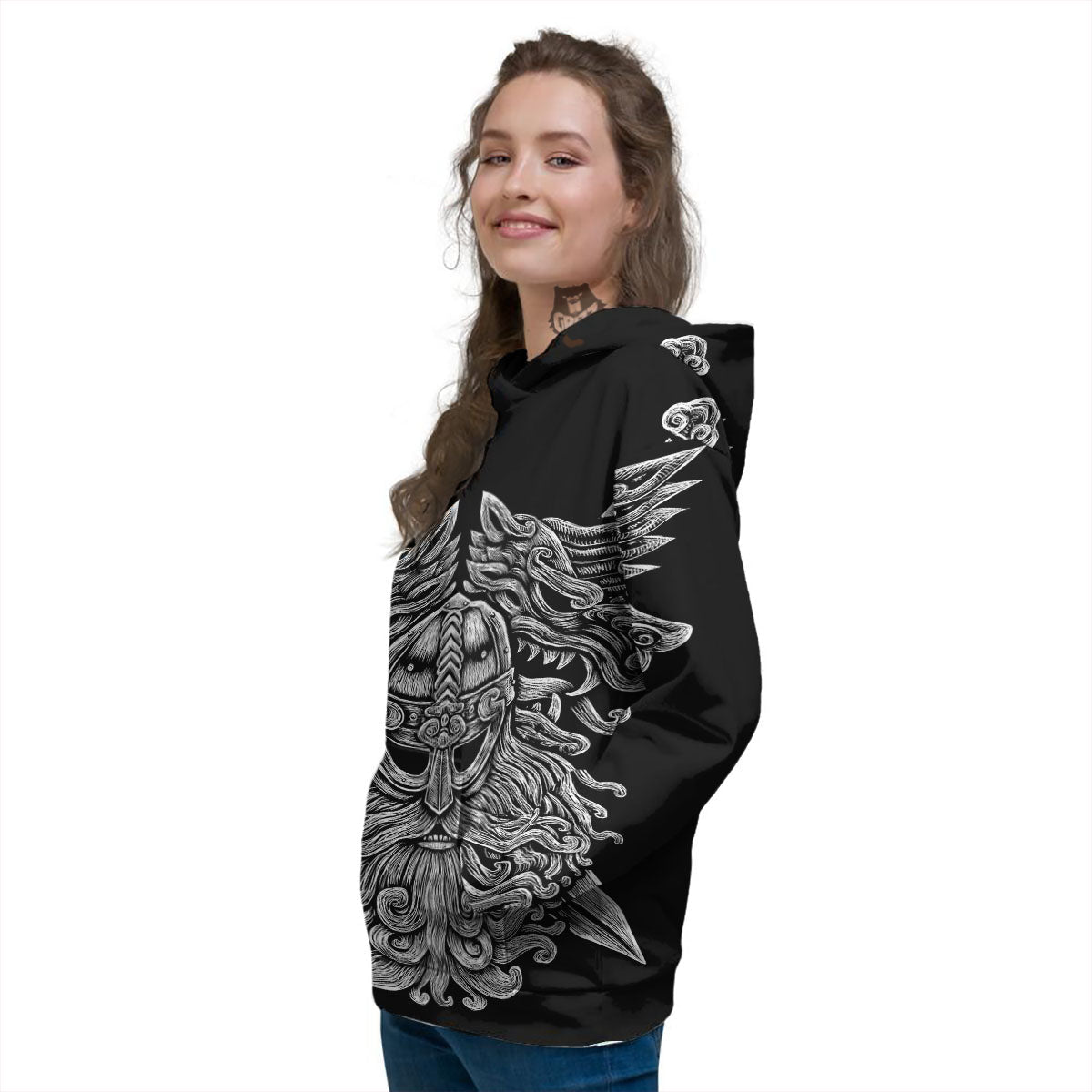 Odin With Wolfs White And Black Print Women's Hoodie-grizzshop