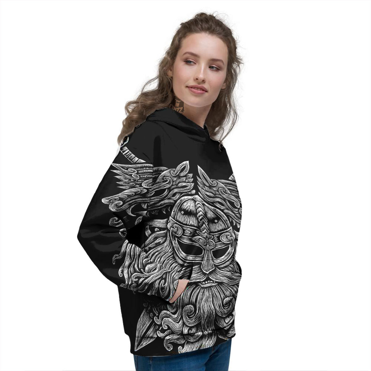 Odin With Wolfs White And Black Print Women's Hoodie-grizzshop