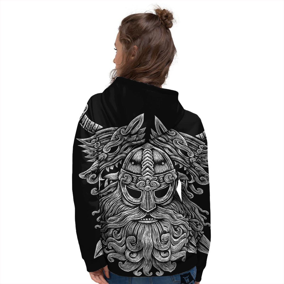 Odin With Wolfs White And Black Print Women's Hoodie-grizzshop