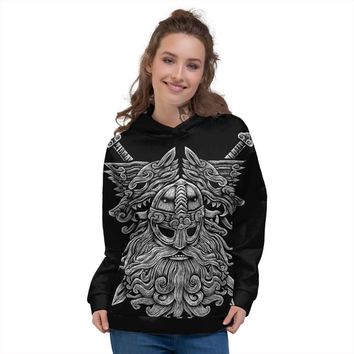 Odin With Wolfs White And Black Print Women's Hoodie-grizzshop