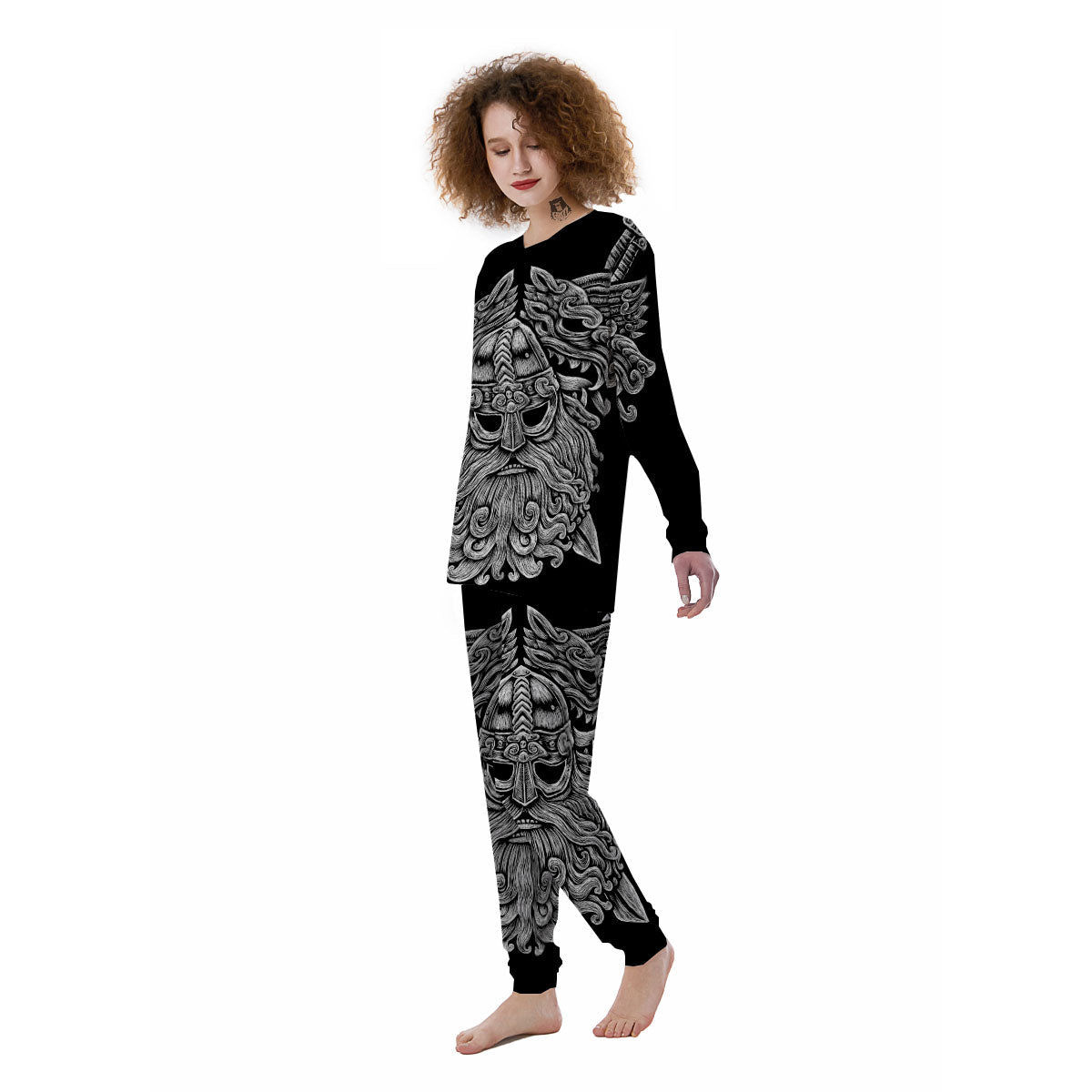 Odin With Wolfs White And Black Print Women's Pajamas-grizzshop