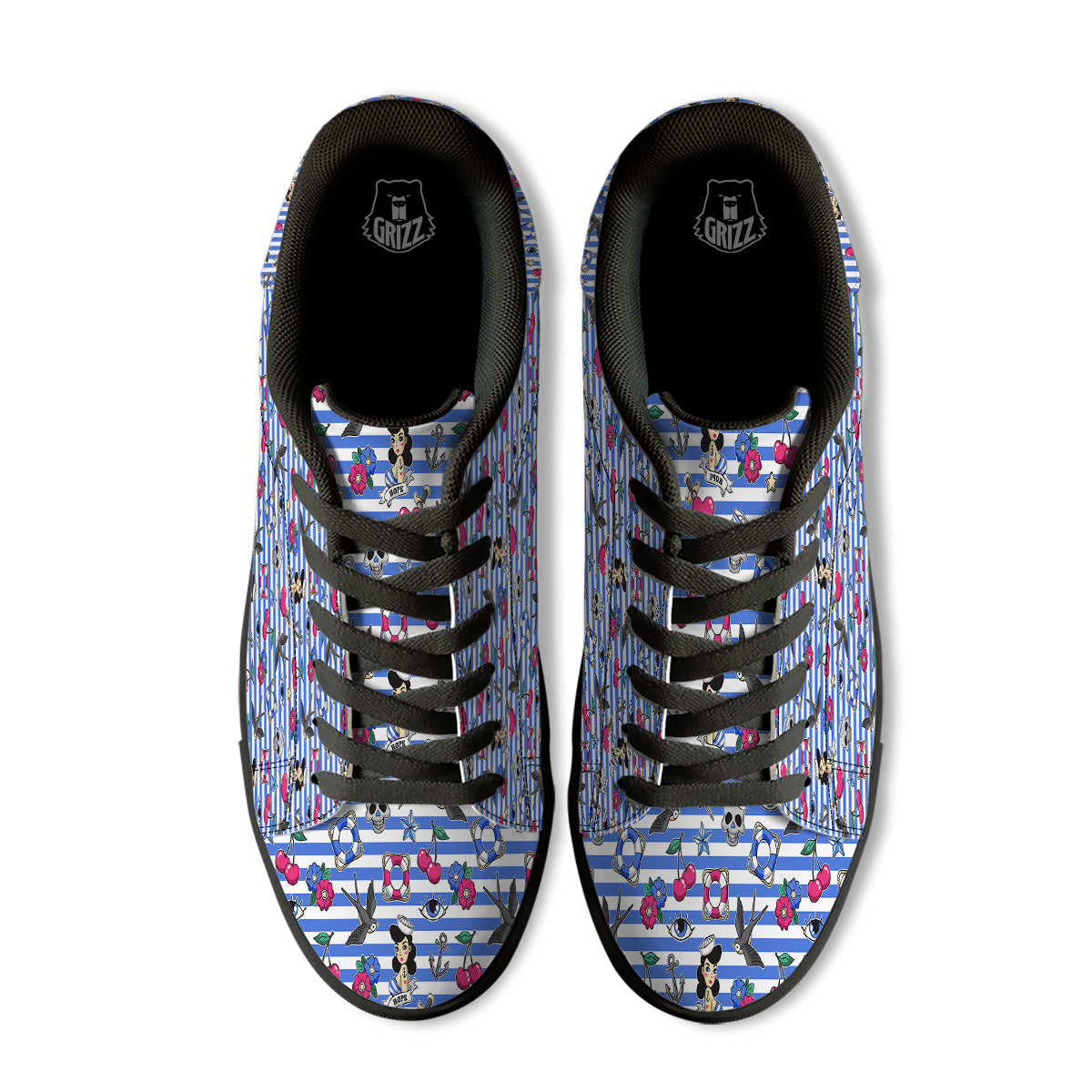 Old School Sailor Striped Print Pattern Black Low Top Sneakers-grizzshop