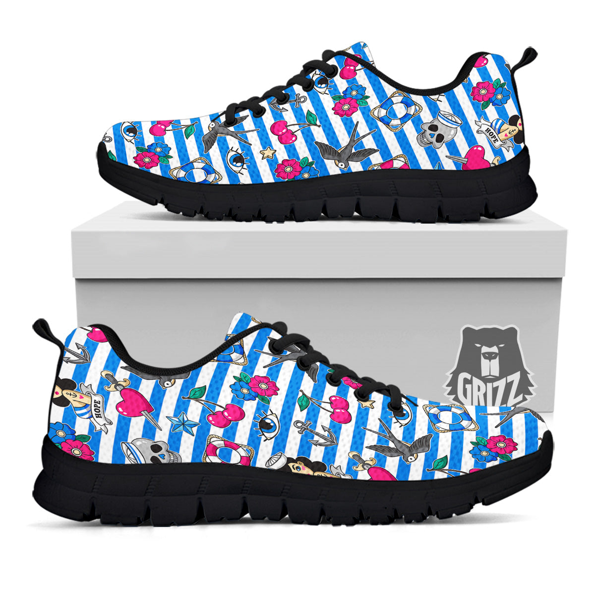 Old School Sailor Striped Print Pattern Black Sneaker-grizzshop
