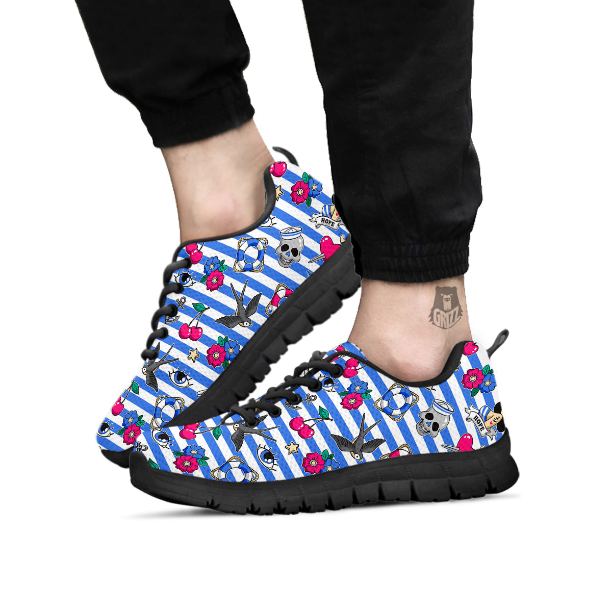 Old School Sailor Striped Print Pattern Black Sneaker-grizzshop