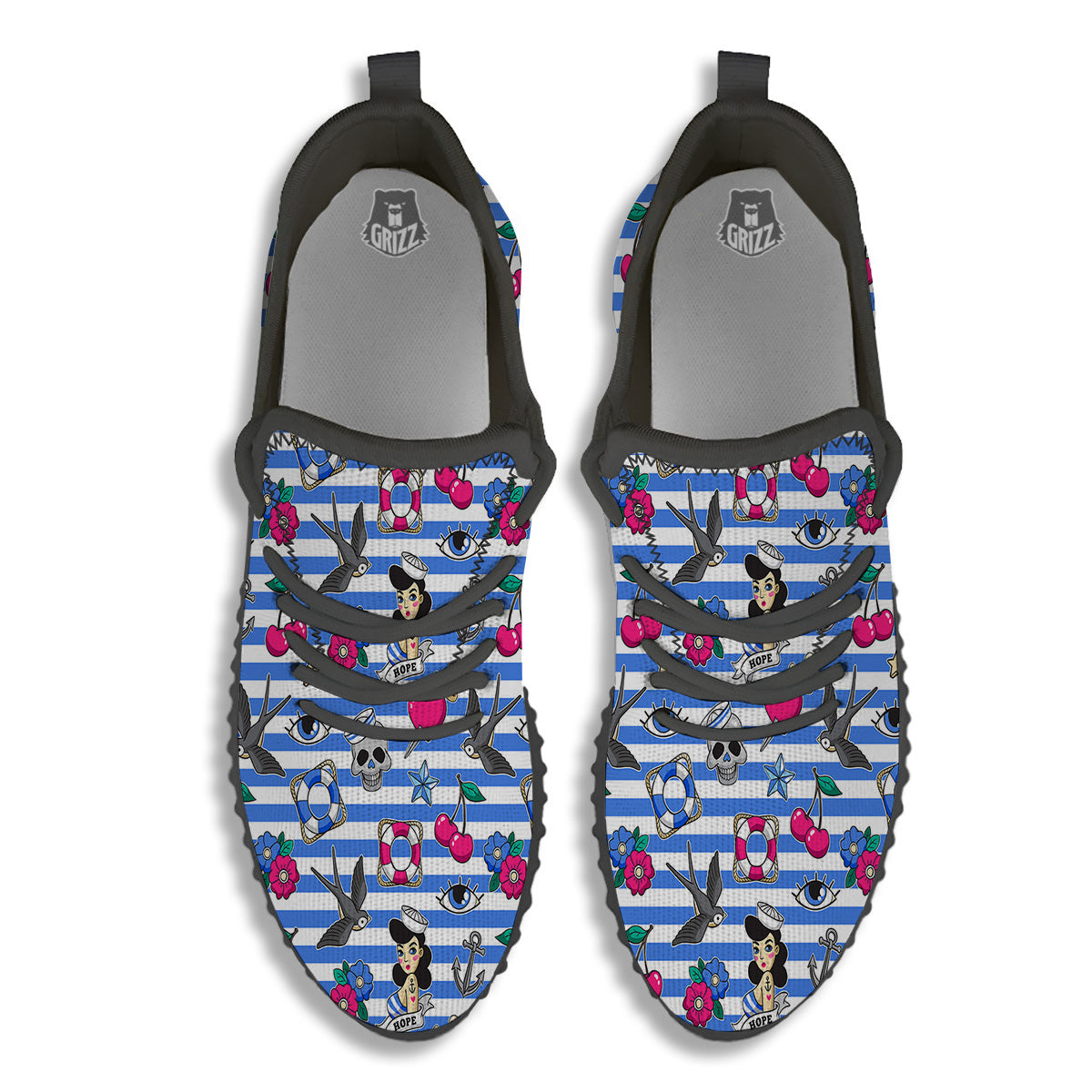 Old School Sailor Striped Print Pattern Black Walking Shoes-grizzshop