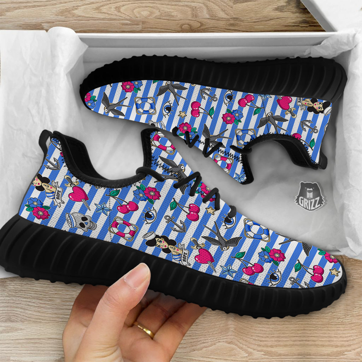 Old School Sailor Striped Print Pattern Black Walking Shoes-grizzshop