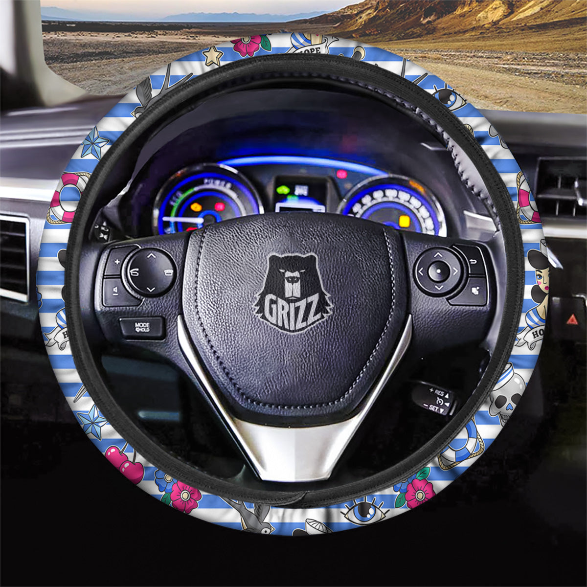 Old School Sailor Striped Print Pattern Car Steering Wheel Cover-grizzshop