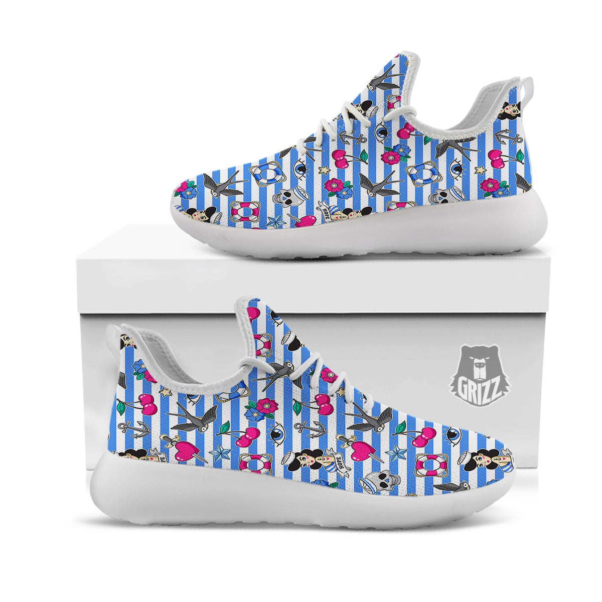 Old School Sailor Striped Print Pattern White Athletic Shoes-grizzshop