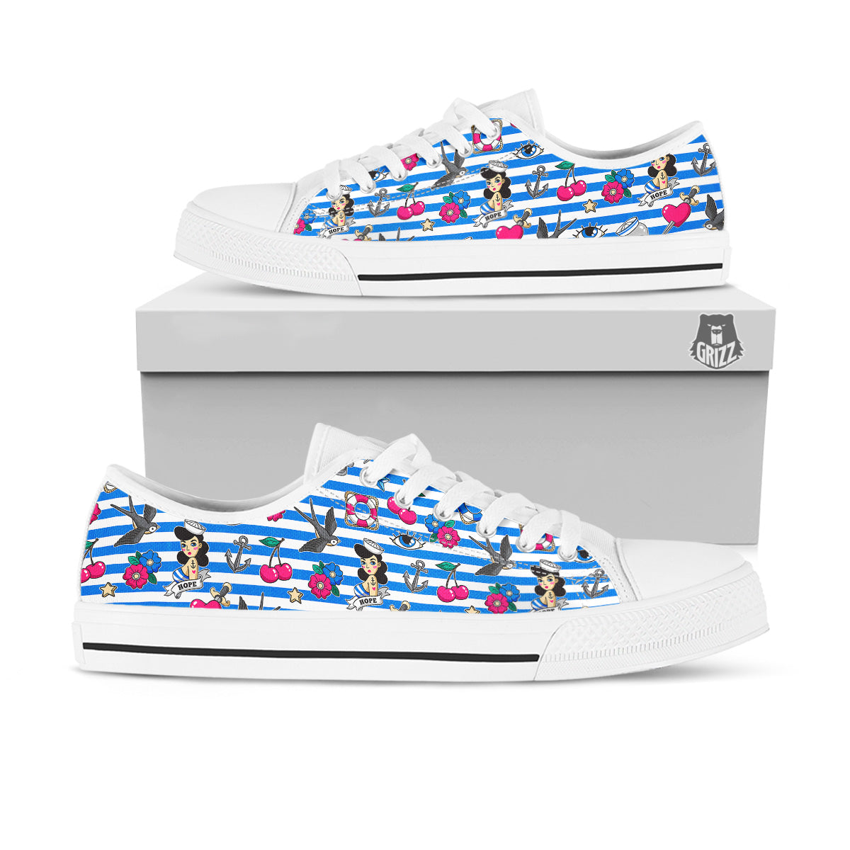 Old School Sailor Striped Print Pattern White Low Top Shoes-grizzshop