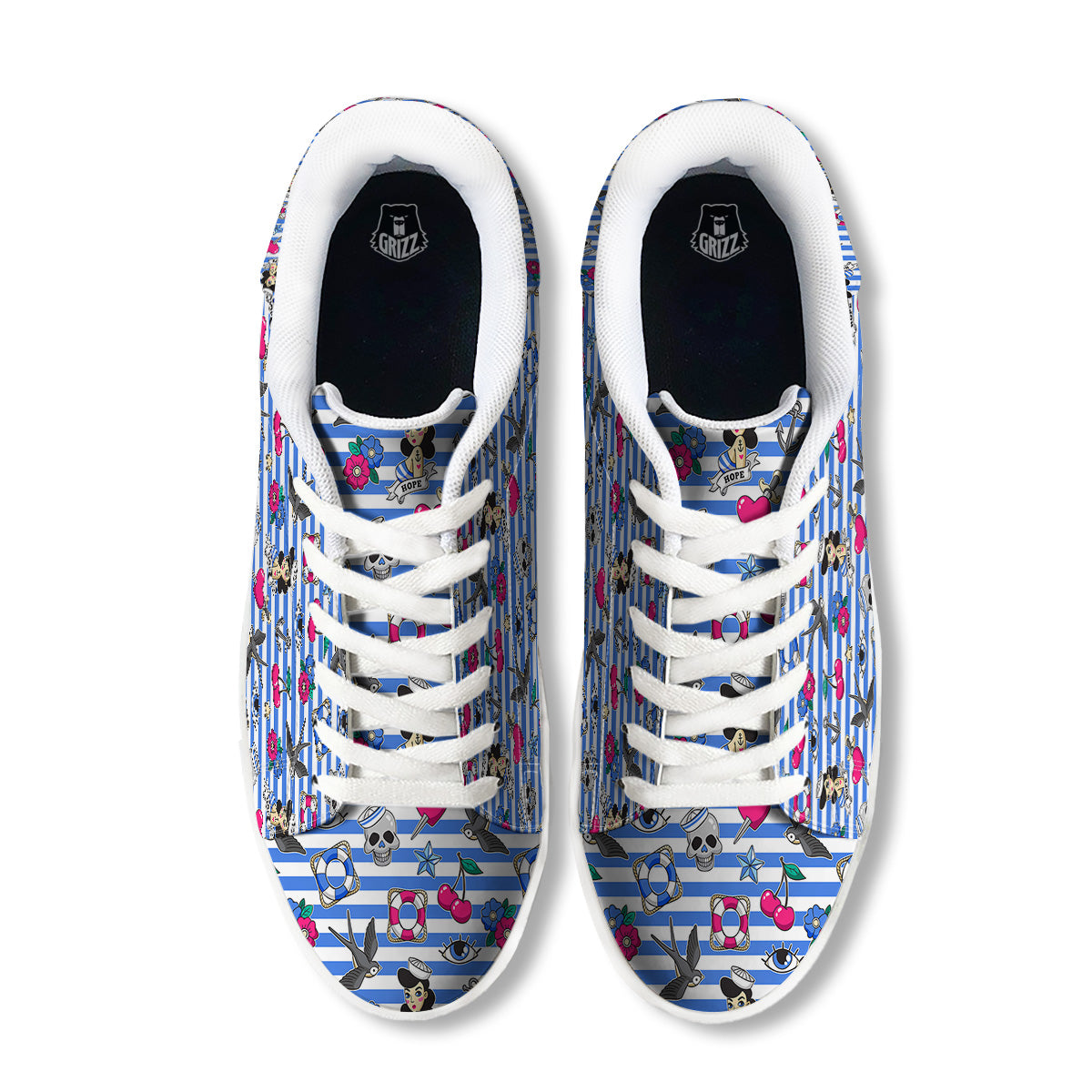 Old School Sailor Striped Print Pattern White Low Top Sneakers-grizzshop