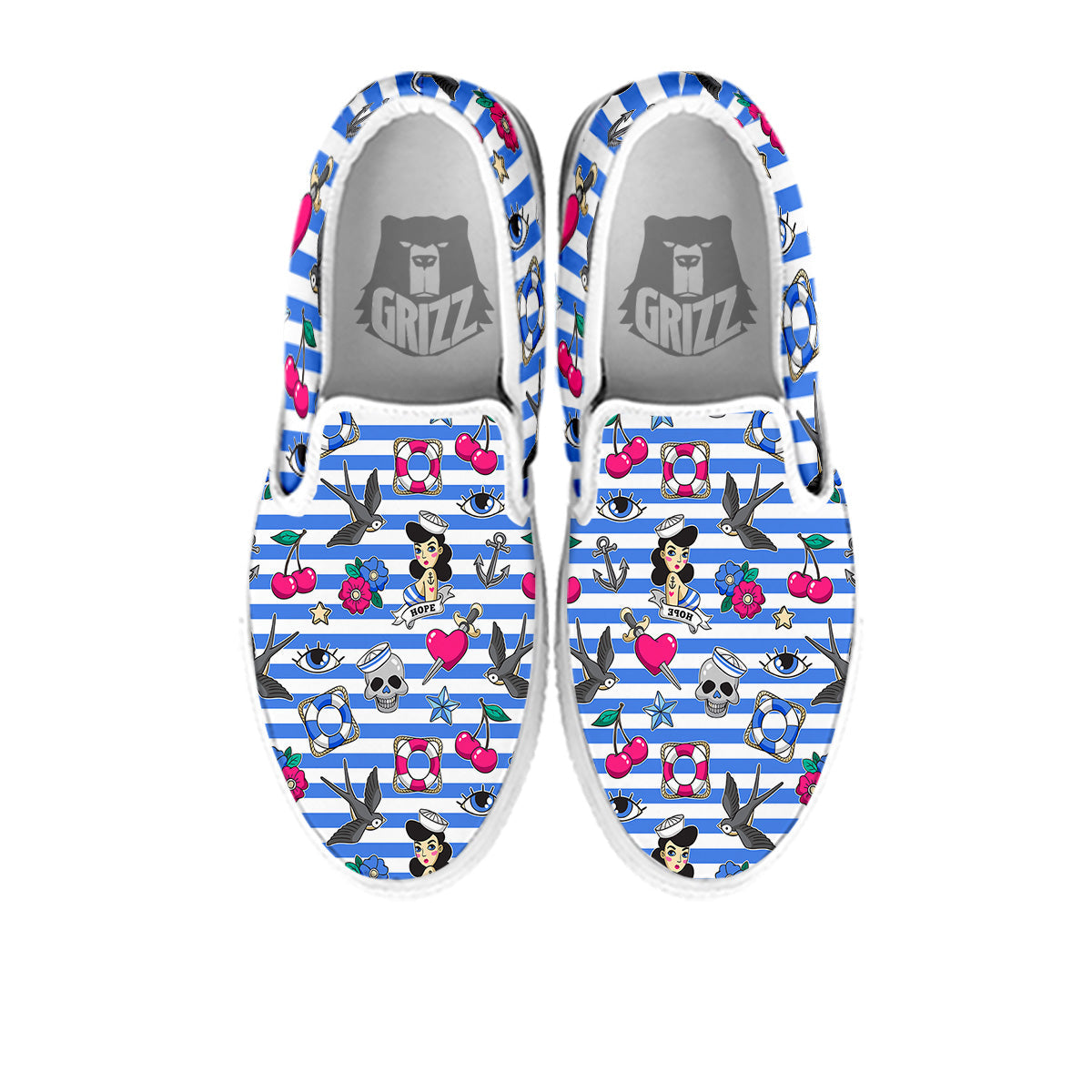 Old School Sailor Striped Print Pattern White Slip On Shoes-grizzshop