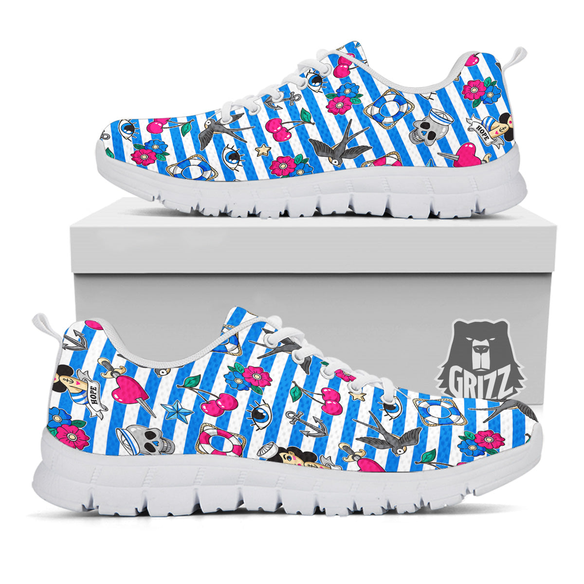 Old School Sailor Striped Print Pattern White Sneaker-grizzshop