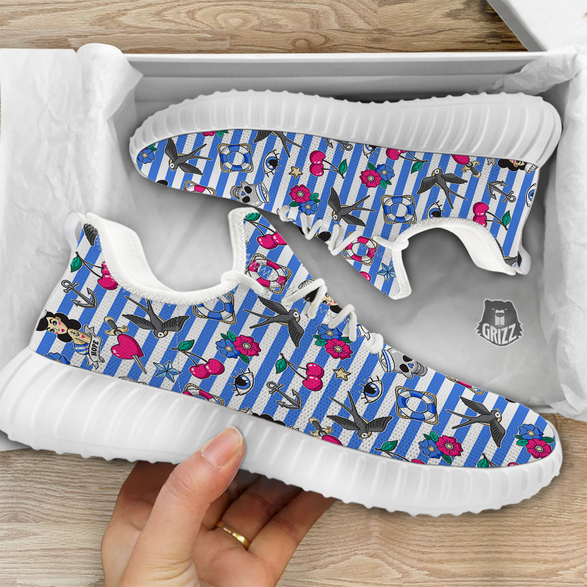 Old School Sailor Striped Print Pattern White Walking Shoes-grizzshop